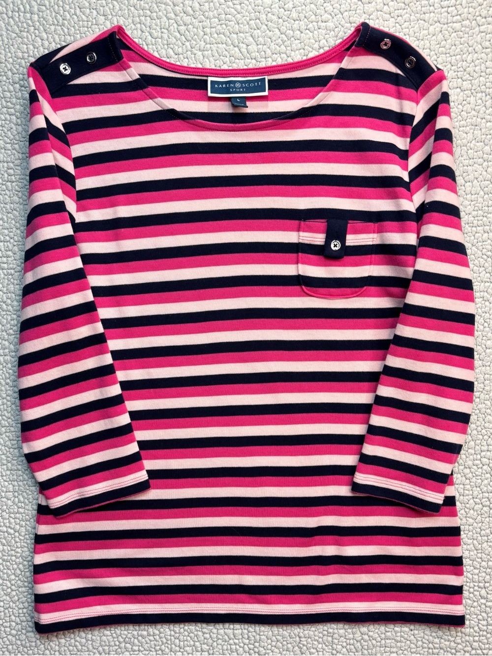 Karen Scott Pink, Navy & Light Pink Striped Long Sleeve Top